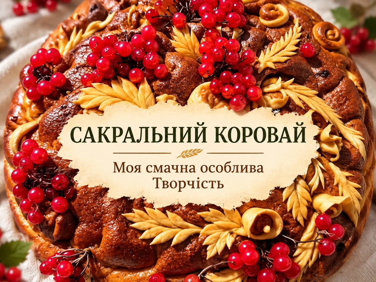 Обкладинка книги «Сакральний коровай. Моя смачна особлива творчість» — святковий коровай, прикрашений калиною та колосками з тіста